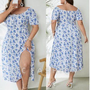 Plus Boho Dress,  Floral Print Puff Sleeve Knot Front Split Thigh Dress